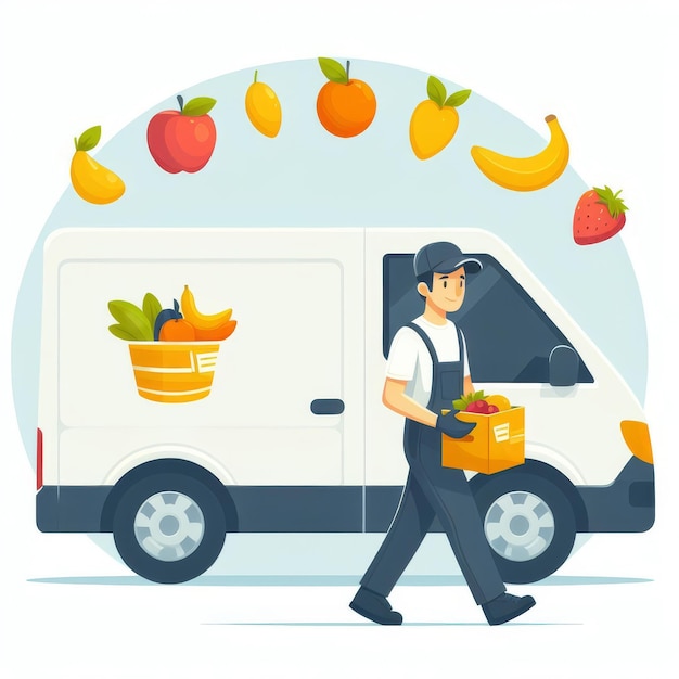 Concepto de entrega de frutas El mensajero lleva productos orgánicos Menú de vitaminas vegano