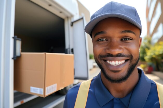 Foto el concepto de entrega de paquetes del hombre afroamericano