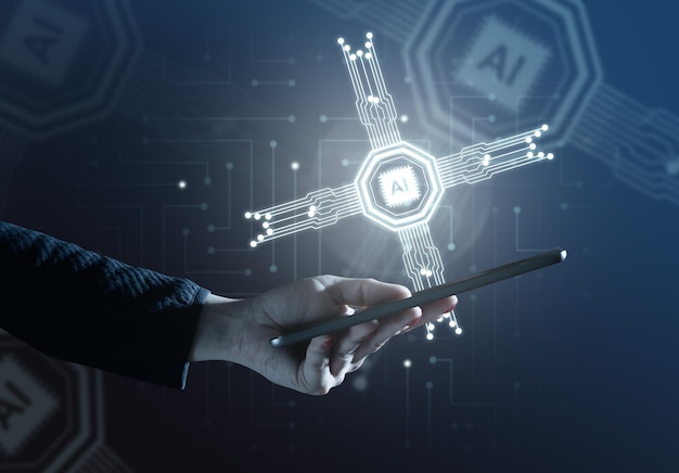 Concepto de entrenamiento de inteligencia artificial de una mujer con un teléfono inteligente en la mano
