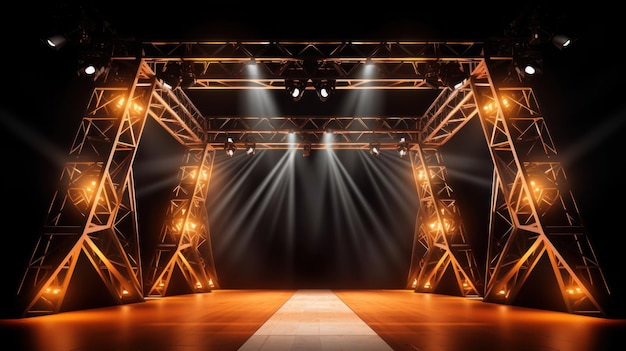 Concepto de entretenimiento de eventos en línea Fondo para el concierto Faros azules del escenario Escena vacía con faros naranjas