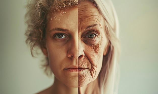 Foto concepto de envejecimiento retrato de mujer mitad joven y mitad vieja