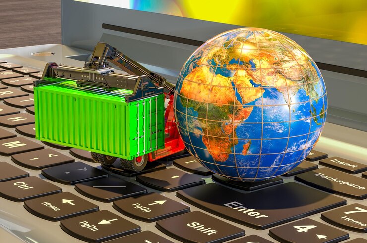 Foto concepto de envío de carga internacional globo terráqueo y apilador de alcance con contenedores de carga en el teclado de la computadora portátil representación 3d