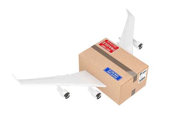 Concepto de envío por correo aéreo. Paquete de caja de cartón con motores a reacción y alas de avión sobre un fondo blanco. Representación 3D