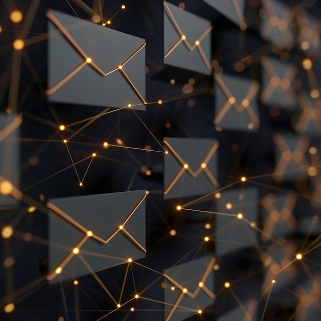 Concepto de envío y recepción de correos electrónicos utilizando sobres negros y líneas de puntos que conectan cada uno