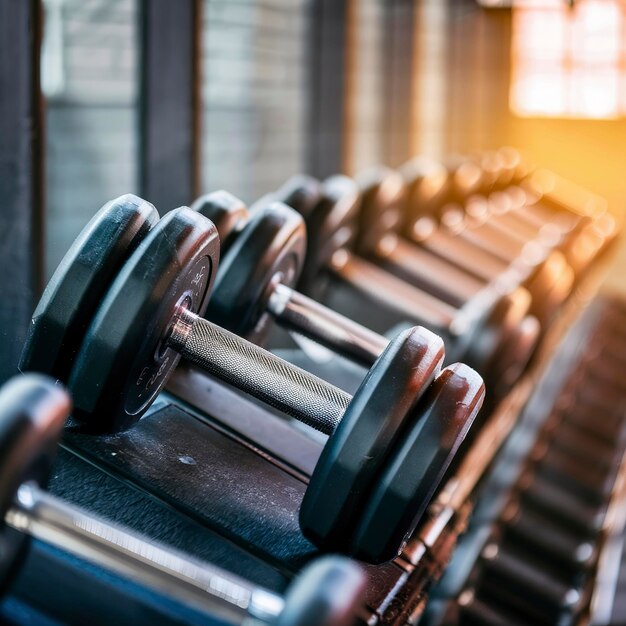 Foto el concepto de equipo de entrenamiento con pesas en el gimnasio deportivo