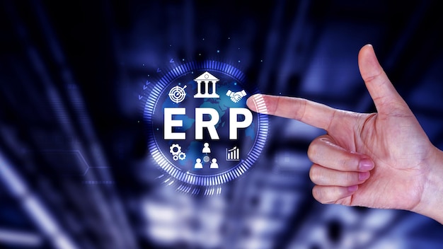 Concepto ERP Concepto de planificación de recursos empresariales Análisis del sistema ERP en pantalla virtual Conexiones entre los módulos de inteligencia de negocios HR y CRM