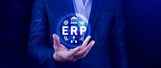 Concepto ERP Concepto de planificación de recursos empresariales Análisis del sistema ERP en pantalla virtual Conexiones entre los módulos de inteligencia de negocios HR y CRM