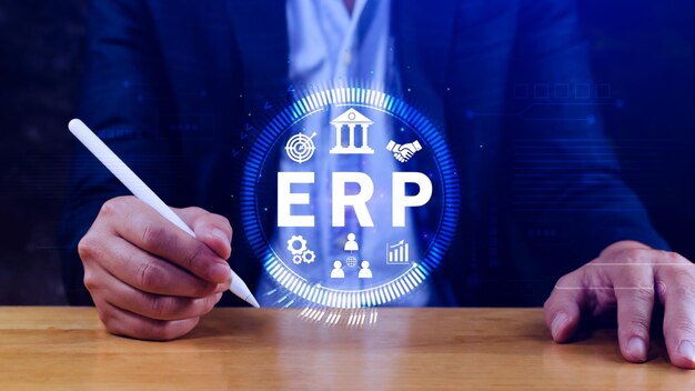 Concepto ERP Concepto de planificación de recursos empresariales Análisis del sistema ERP en pantalla virtual Conexiones entre los módulos de inteligencia de negocios HR y CRM