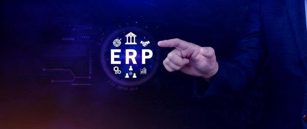 Concepto ERP Concepto de planificación de recursos empresariales Análisis del sistema ERP en pantalla virtual Conexiones entre los módulos de inteligencia de negocios HR y CRM