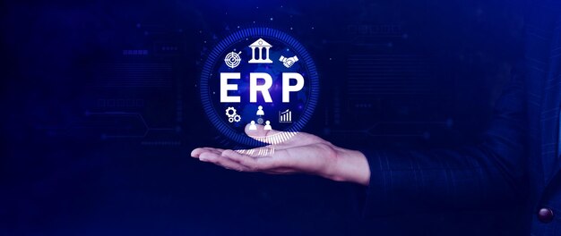Concepto ERP Concepto de planificación de recursos empresariales Análisis del sistema ERP en pantalla virtual Conexiones entre los módulos de inteligencia de negocios HR y CRM
