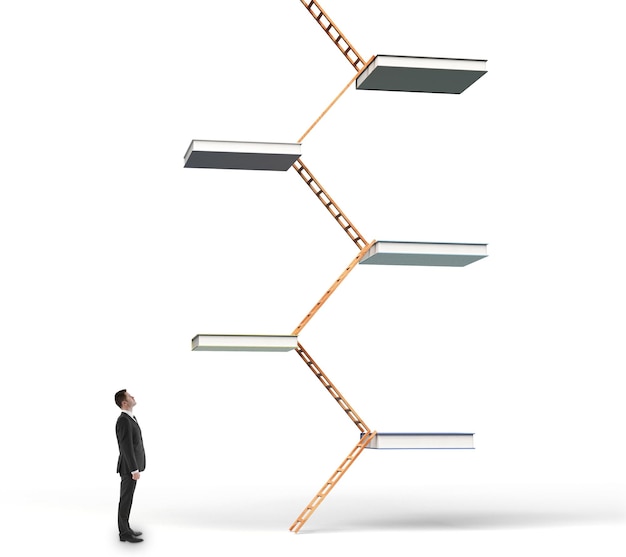Concepto de escalera educativa con un hombre de negocios mirando las escaleras de los libros