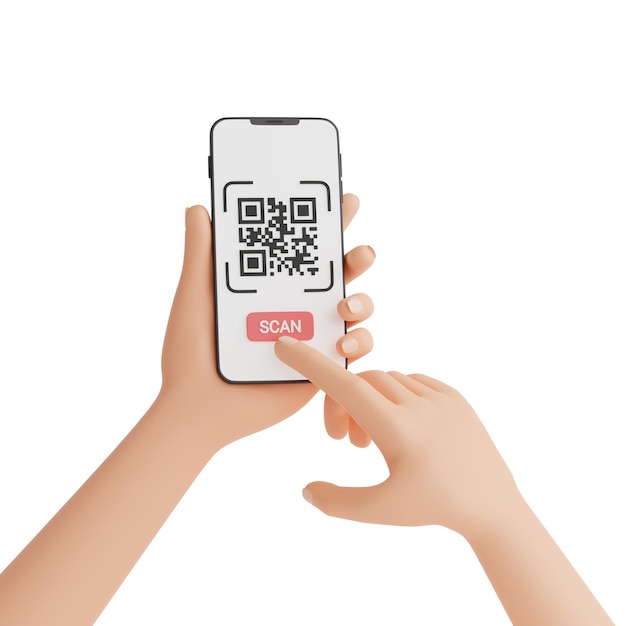 Concepto de escaneo de código qr mano humana sosteniendo teléfono móvil con proceso de escaneo de código de barras 3d render