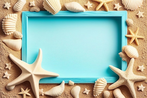 Concepto de escena de playa con conchas marinas y estrellas de mar en una vista superior de fondo de tablero de madera azul IA generativa