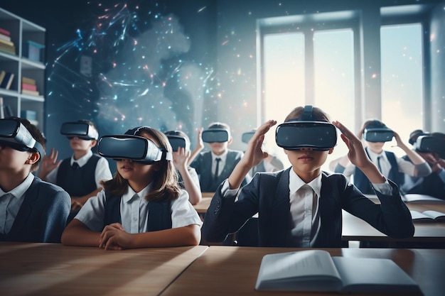 concepto escolar de niños que llevan gafas interactivas de realidad virtual VR concepto de educación y aprendizaje de aprendizaje electrónico