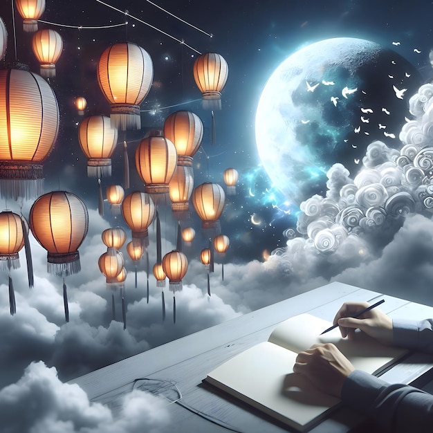 Concepto de escritura a mano en un libro con IA generada por el cielo y la linterna