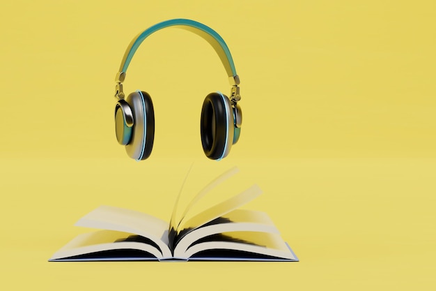 El concepto de escuchar audiolibros con auriculares y un libro abierto sobre un fondo amarillo 3D Render