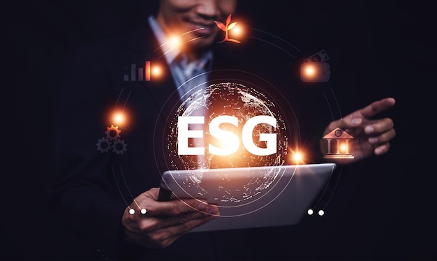 Concepto ESG Man ESG icon for Environment Social and Governance Concepto de entorno sostenible mundial