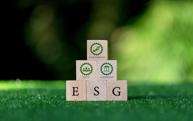 El concepto ESG de palabras ambientales, sociales y de gobierno ESG en un cubo de madera es una idea para el desarrollo organizacional sostenible de los negocios, cuenta para el medio ambiente, la sociedad y el gobierno corporativo