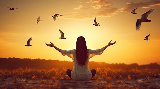 Concepto de esperanza ilustrado con una mujer rezando y un pájaro disfrutando de la naturaleza al atardecer