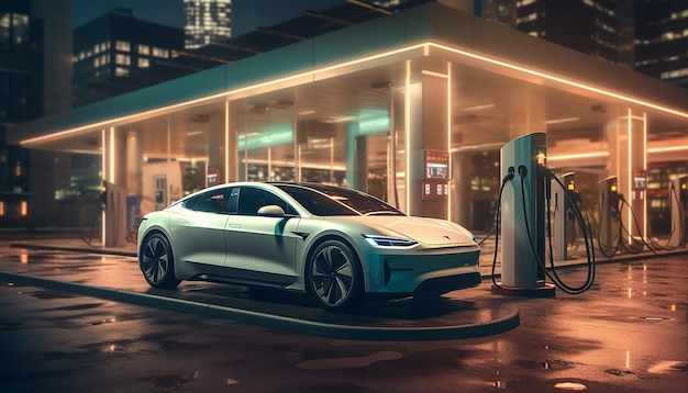 Concepto de estación de carga de coche eléctrico Fotografía comercial