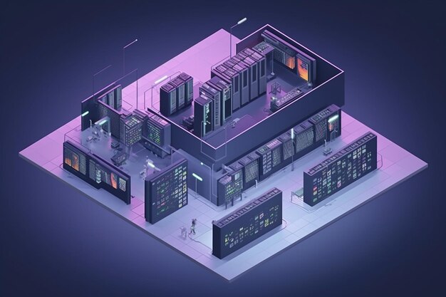 Concepto de estación de energía de procesamiento de big data del futuro centro de datos de rack de sala de servidores isométrico