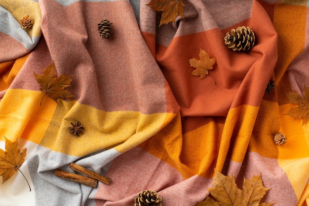 Concepto estético de otoño Foto de vista superior de palitos de canela, hojas de arce caídas de anís y piñas sobre fondo de bufanda a cuadros