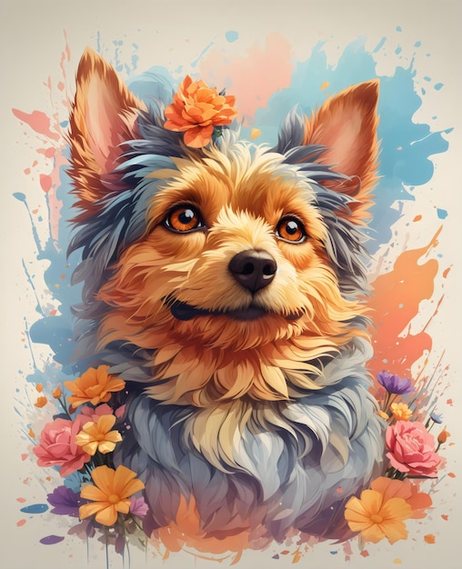 Concepto de estilo de diseño de arte en color vectorial de Perro con flores creado con IA generativa