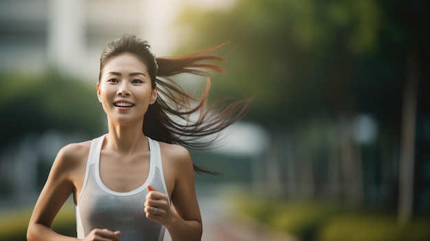 concepto de un estilo de vida activo y saludable mientras una hermosa mujer asiática participa en actividades físicas al aire libre como hacer yoga y trotar mientras se mantiene hidratada y relajada