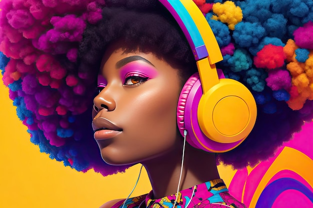 Concepto de estilo de vida Retrato de hermosa mujer afroamericana alegre escuchando música ai generativo