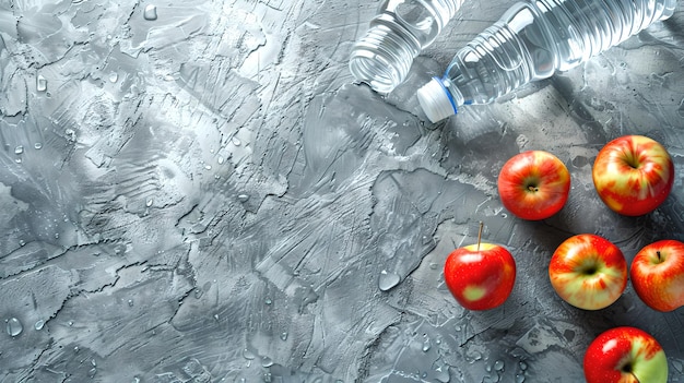Concepto de estilo de vida saludable con manzanas frescas y botellas de agua en un fondo gris texturizado Mantenerse hidratado y en forma Composición simple y elegante para el bienestar AI
