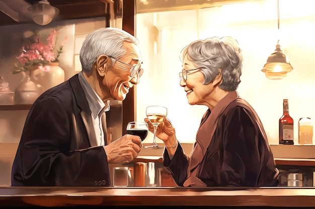 El concepto de un estilo de vida social activo para las personas mayores Una pareja de ancianos japoneses beben bebidas alcohólicas en un bar o restaurante Los amantes disfrutan de la hora feliz en el bar