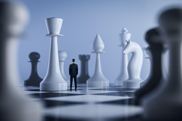 Concepto de estrategia de negocios con una persona contemplando figuras de ajedrez en un tablero que simboliza la planificación y la toma de decisiones