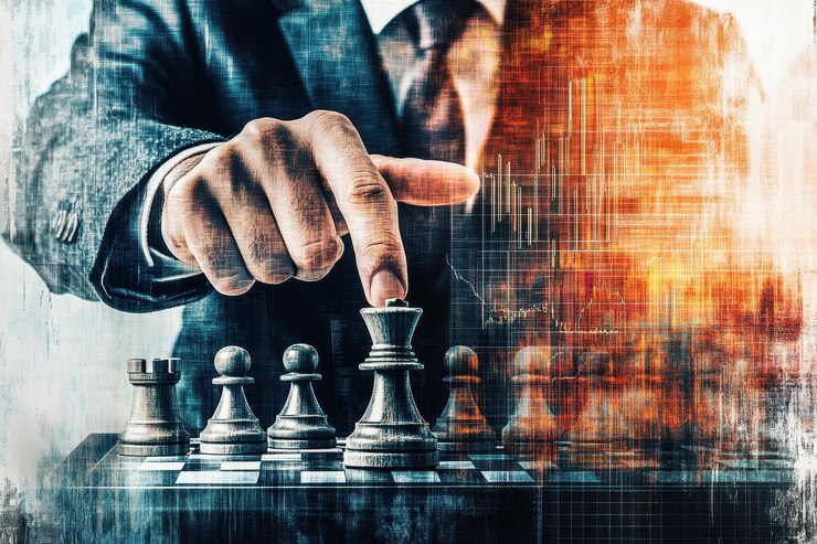 Concepto de estrategia de negocios representado por el juego de ajedrez y gráficos financieros