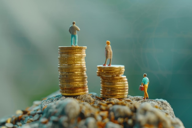 Concepto de estratificación social Gente en miniatura con una pila de monedas