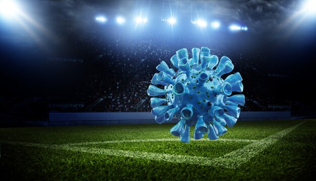 Concepto de evento de cancelación de fútbol euro. Bola con máscara de coronavirus