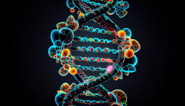 Concepto de la evolución del ADN humano bajo un microscopio IA generativa