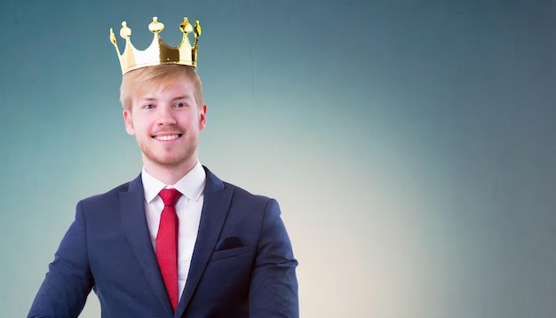 Foto concepto de éxito joven empresario exitoso con una corona en