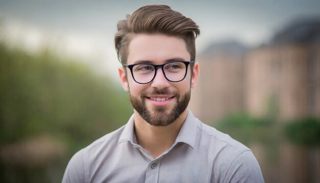 Concepto de éxito retrato hombre guapo con gafas y barba