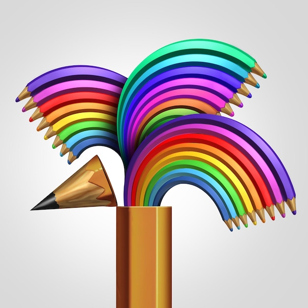 Concepto de expresión creativa como un grupo de lápices de colores del arco iris que emergen de un gran penci abierto