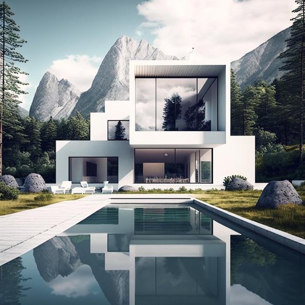 Concepto exterior de una casa moderna minimalista con estilo en las montañas AI generativa