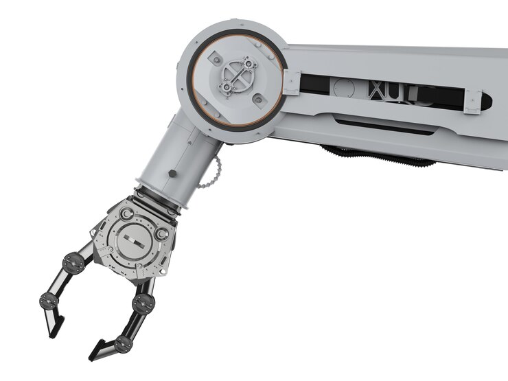Foto concepto de fábrica de automatización con brazo robótico de renderizado 3d