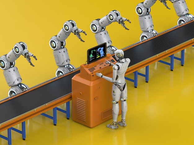 Concepto de fábrica de automatización con cyborg de renderizado 3d en fábrica