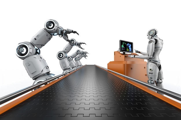 Concepto de fábrica de automatización con cyborg de renderizado 3d en fábrica