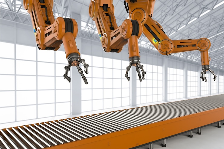 Foto concepto de fábrica de automatización con línea de montaje de robot de renderizado 3d con cinta transportadora vacía