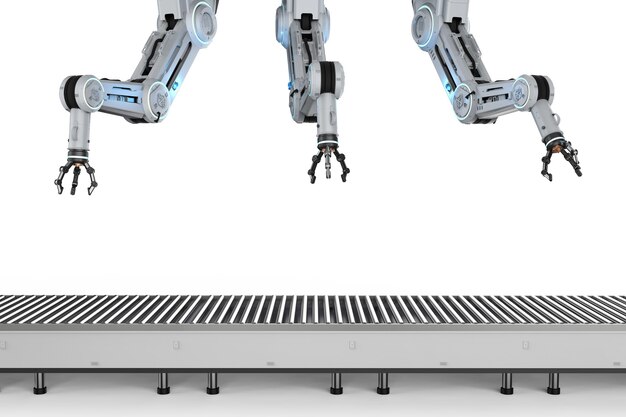 Concepto de fábrica de automatización con línea de montaje de robot de renderizado 3D con cinta transportadora vacía