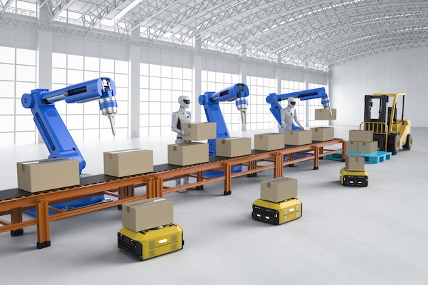 Concepto de fábrica de automatización con línea de montaje de robot de renderizado 3D y cinta transportadora