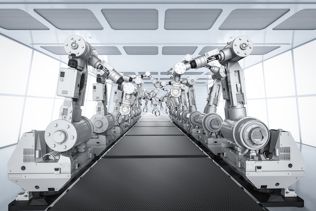 Concepto de fábrica inteligente con brazos de robot de renderizado 3D con línea transportadora