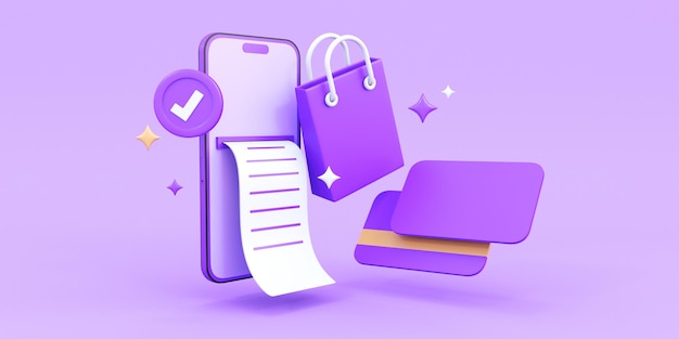 concepto de factura de compras en línea con teléfono inteligente púrpura y tarjetas de crédito renderización 3D