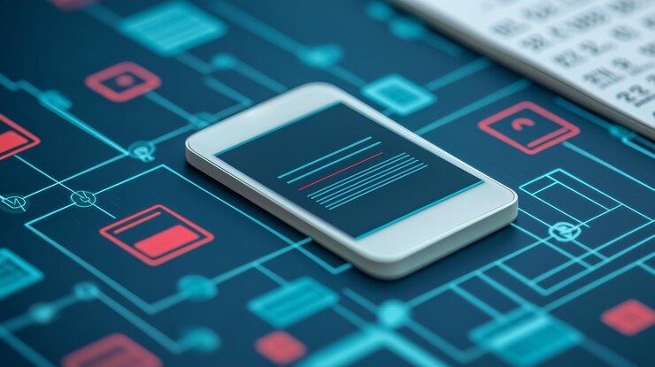 Foto concepto de facturación de pagos mensuales smartphone en fondo de circuito digital con datos