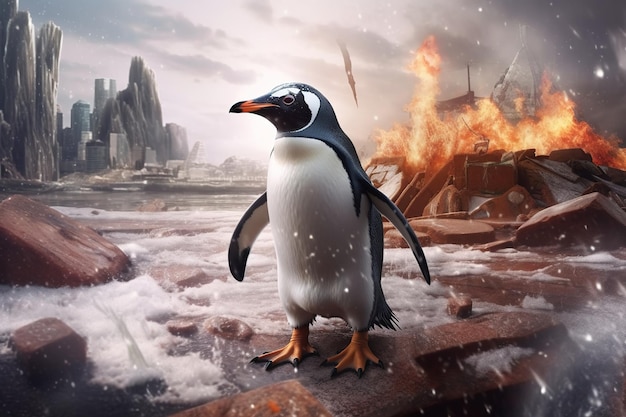 El concepto de la falta de vivienda de los pingüinos debido al cambio climático